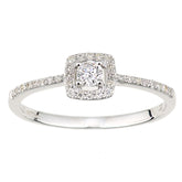 0.22ct Round Diamond Prong Set Square Halo Engagement Ring with Side Stones in UK Hallmarked 9ct White Gold